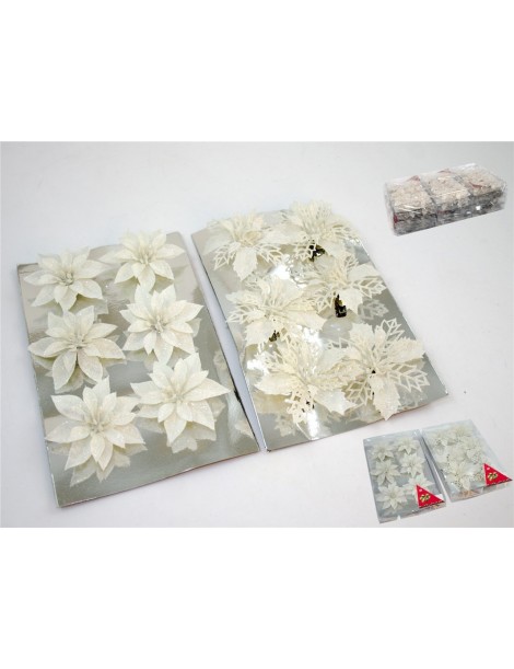 SET 6 FLORES BLANCAS NAVIDAD CON CLIP MEDIDAS 9 CM.