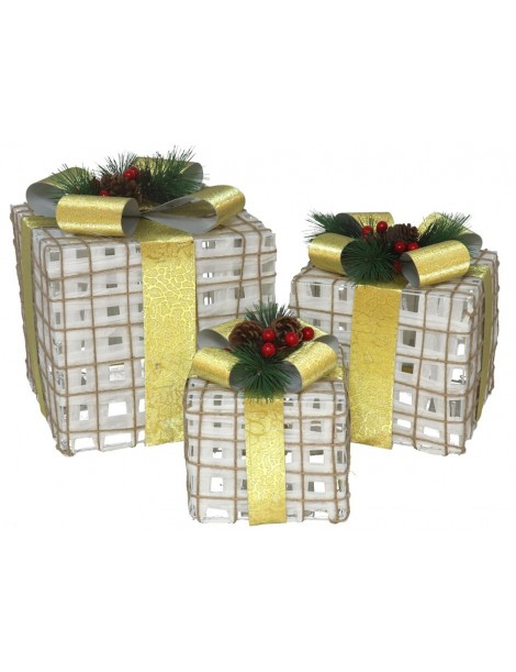 CAJA REGALO NAVIDAD NATURAL LAZO ORO DECORADO BOLAS ROJAS Y PIÑAS