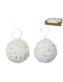 COLGANTE BOLA NAVIDAD PELO BLANCO CON ESTRELLAS DORADAS 10 CM.