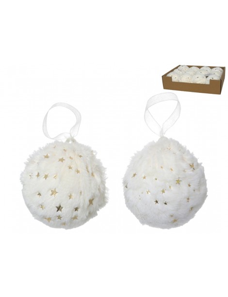 COLGANTE BOLA NAVIDAD PELO BLANCO CON ESTRELLAS DORADAS 10 CM.