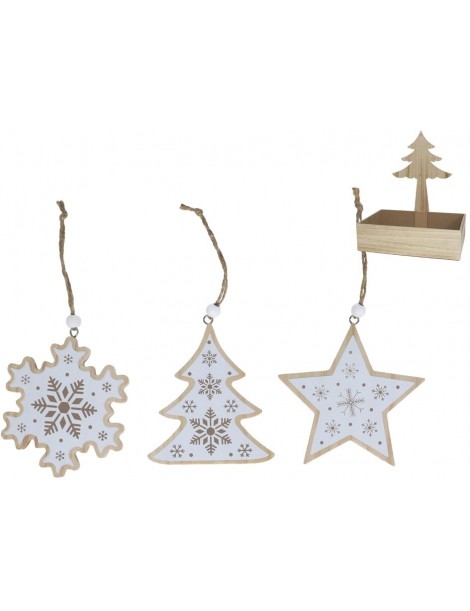 COLGANTE FORMAS NAVIDAD MADERA DECORADAS COPOS NIEVE 8,2X9 CM. 3 UNIDADES SURTIDAS