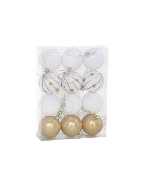 SET 12 BOLAS NAVIDAD 6 CM. MODELO ZURA COLOR BLANCO ORO EN CAJA DE PLÁSTICO