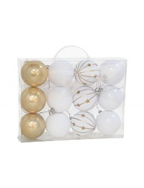 SET 12 BOLAS NAVIDAD 8 CM. MODELO ZURA COLOR BLANCO ORO EN MALETÍN DE PLÁSTICO