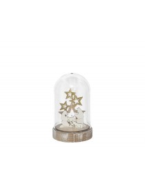 CUPULA CRISTAL CON BELEN TRADICIONAL CON ESTRELLAS EN MADERA, LUZ LED. MEDIDAS: 8,5X8,5X14 CM.